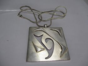 1970's Large Frosted Silver Pierced Square Shaped Pendant and Chain, by JPH, London 1977