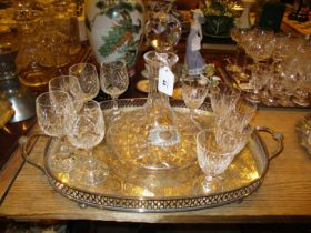 Silver Plated Tray, Crystal Ships Decanter and 2 Sets of 5 Glasses