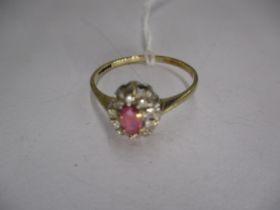 Ruby and Diamond Oval Cluster Ring in 9ct Gold Mount, Size P, 1.6g