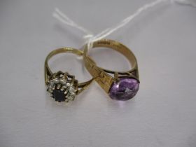 9ct Gold Amethyst Ring, Size M, 2.4g, and a 9ct Gold Cluster Ring, Size I, 1.7g