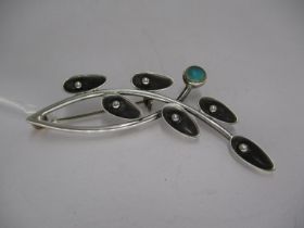 Maricela Mexican Modernist Silver Floral Spray Brooch Set with a Turquoise, stamped Maricela, Taxco,