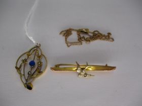 9ct Gold and Pearl Swallow Brooch along with a 9ct Gold Pendant with a Chain, 4.2g total