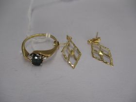 9ct Gold 3 Stone Ring, Size H, and a Pair of 9ct Gold Earrings, 2g total