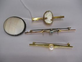 Three Yellow Metal Brooches and a Silver and Mother of Pearl Brooch, 15.7g total