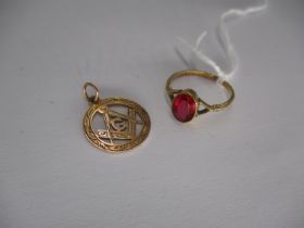 9ct Gold Masonic Pendant and a 9ct Gold Red Stone Ring, 2.4g total