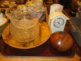 Three Crystal Bowls, Wooden Bowl and Vase, Pottery Clock and Vase
