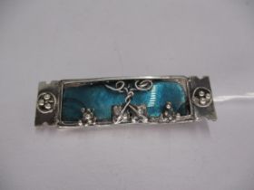 Arts & Crafts Style Silver and Turquoise Enamel Rectangular Brooch Applied with Grape Clusters and