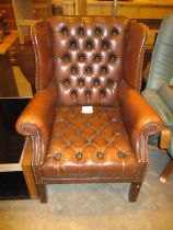 Deep Buttoned Brown Leather Wing Back Chair