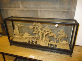 Oriental Carved Cork Diorama, Cased, 60x28x11cm