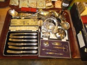 Cased Set of 6 Silver Handle Tea Knives, Manicure Set, Hat Pin Set, Silver Plated Items etc