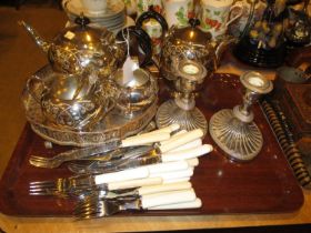 Silver Plated 4 Piece Tea Service, Tray, Cutlery and Pair of Candlesticks