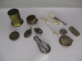 Group of Collectables including a Coin Holder, 2 Lockets, Figure Charm, Condiment Spoons, Button