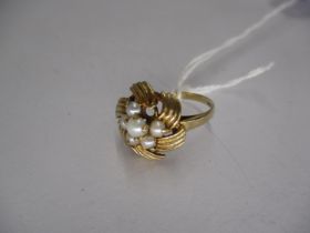 Pearl Cluster Ring in 9ct Gold Mount with Reeded Swirls, Size L, 2.3g