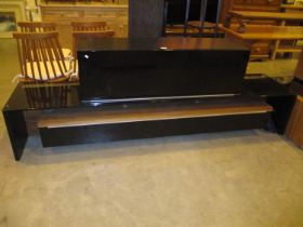Modern High Gloss Entertainment Unit with Glass Panel and Cabinet, and Matching Lamp Table and