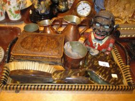 Copper Gill and Half Pint Measures, Money Bank, Mirrored Tray etc