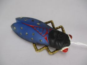 Unusual Art Deco Painted Satin Glass Cicada Bug Brooch with Gilt Metal Mount