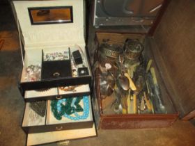 Jewel Box with Costume Jewellery and Case with Silver Plated Cutlery etc