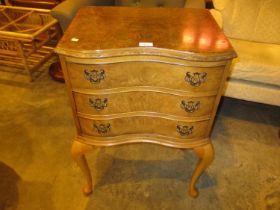 Reproduction Figured Walnut 3 Drawer Bedside Chest, 52cm