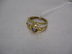 9ct Gold Diamond and Amethyst Heart Ring, 3.53g, Size K