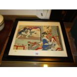 Japanese Wood Block Shunga Print, 21x31cm