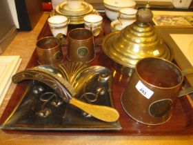 Three Copper Ale Measures, Brass Lidded Dish, Art Nouveau Crumb Brush and Scoop