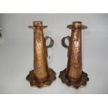 Pair of Arts & Crafts Cornish Hammered Copper Candlesticks, 21cm
