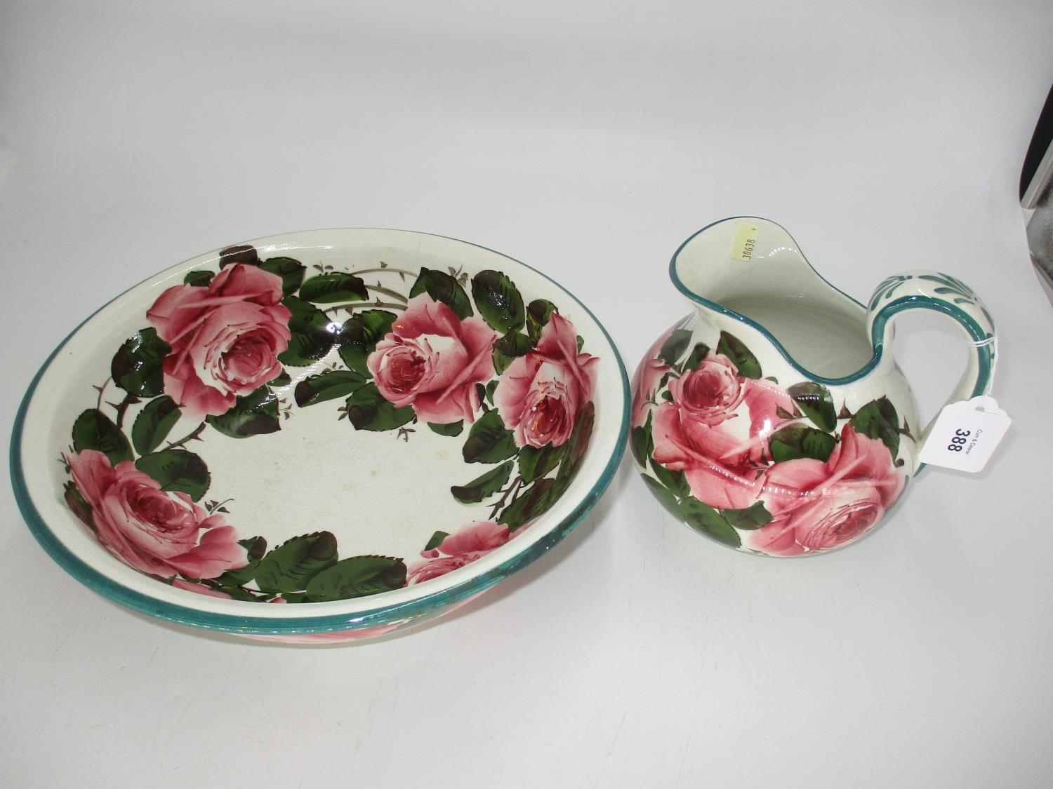 Wemyss Pottery Cabbage Rose Painted Basin and Ewer, basin 29cm cracked, ewer 15cm glaze chip