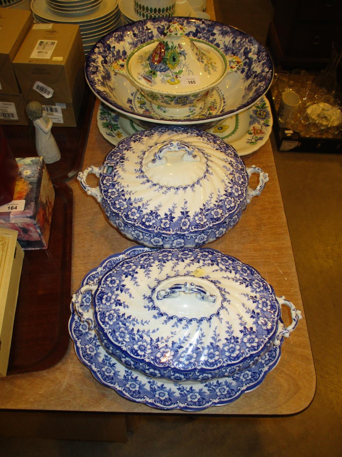 Masons Tureen and Ashet, Blue and White Basin and 2 Tureens
