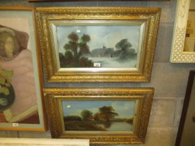 Pair of Victorian Gilt Framed Oil Paintings, River Landscapes, 24x44cm