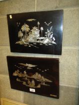 Pair of Eastern Mother of Pearl and Wood Panels, one Signed H-A-NOI-V-N, 25x35cm