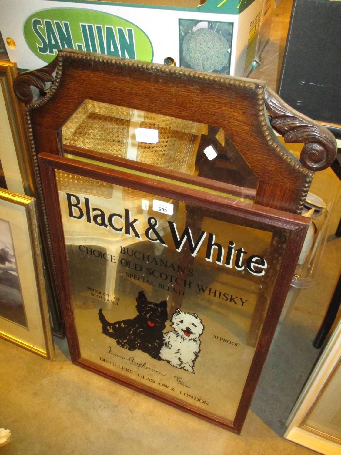 Black and White Whisky Mirror and Oak Framed Mirror