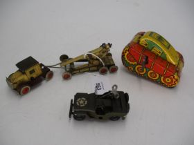 Tin Plate Clockwork US Army Jeep, Tank and Vehicle with Field Gun