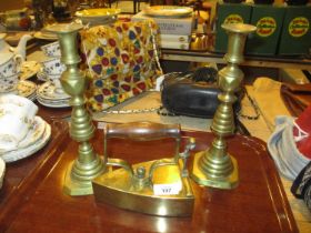 Pair of Victorian Brass Candlesticks and a Bolt Iron