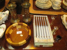 Pair of Indian Brass Vases, EPNS Condiment Set, Wooden Dish, Steak Knives and Forks