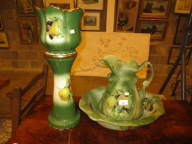 Fruit Decorated Pottery Basin and Ewer and a Jardinière with Stand