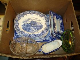 Box of Blue and White Plates, Crystal Basket etc