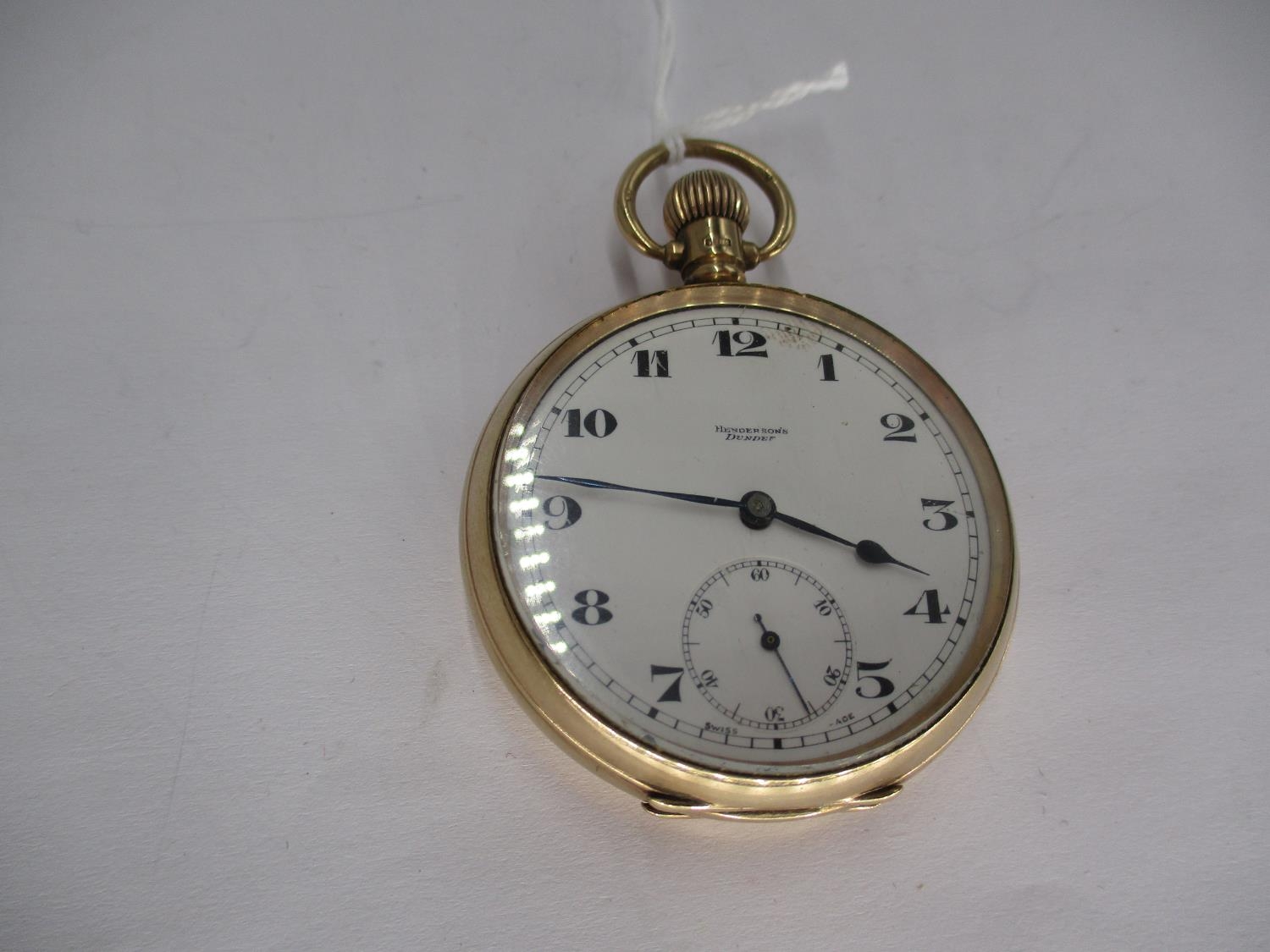 9ct Gold Open Face Pocket Watch by Hendersons Dundee, 93g, 4.5cm diameter