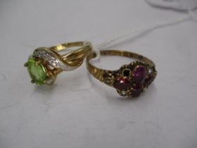 9ct Gold Diamond and Green Stone Ring and a 9ct Gold Garnet and Pearl Ring (one pearl missing), 4.