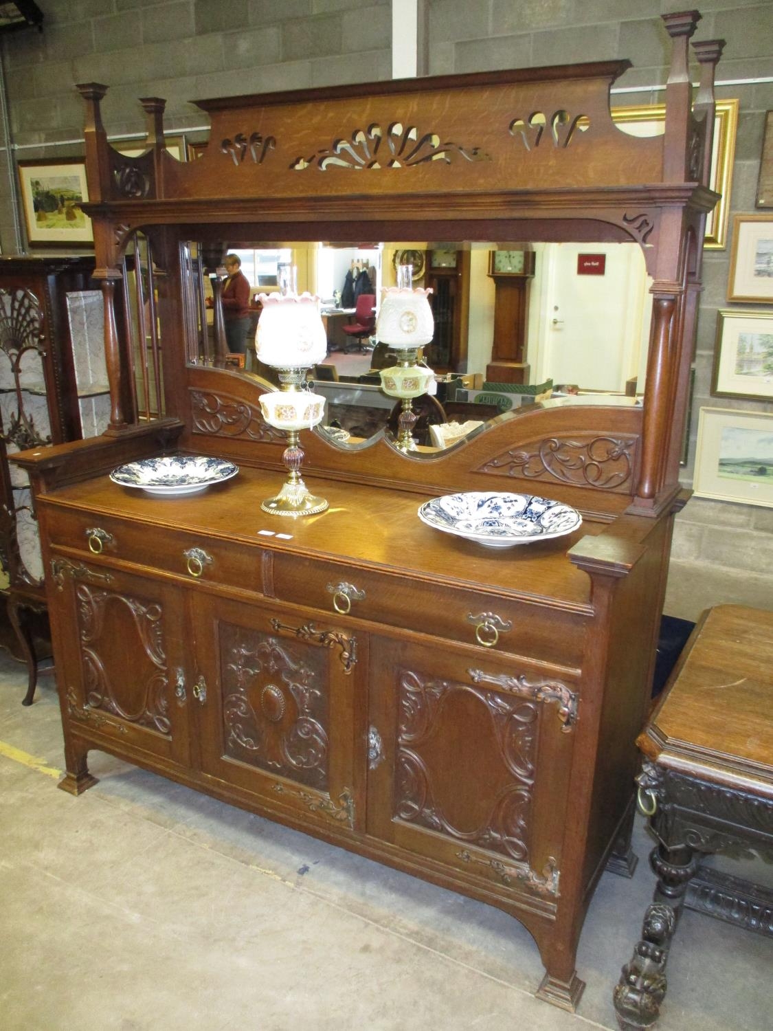 Art Nouveau Carved Oak Mirror Back Sideboard, 170cm