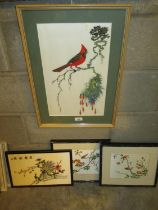 Three Chinese Silk Needlework Pictures and a Painting on Silk