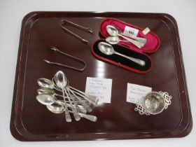 Set of 12 Silver Teaspoons and Tongs and Other Silver Tongs, Spoon and Tea Strainer, 386g total