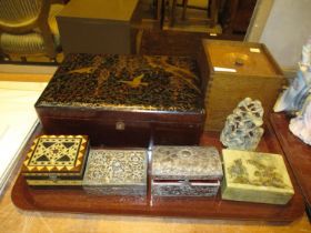 Selection of Boxes and a Carved Soapstone Monkey Group