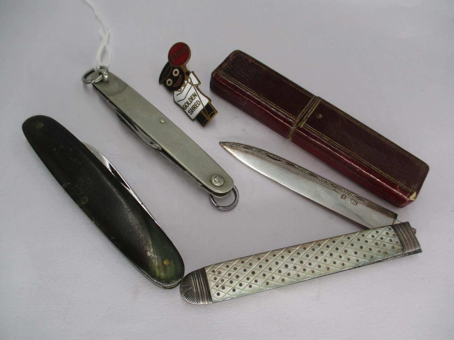 Silver and Mother of Pearl Fruit Knife with Box, 2 Penknives and a Golden Shred Badge