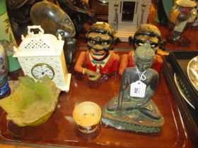 Two Money Banks, Clock, Dishes, Carved Sculpture and a Buddha