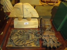 Carved Wood Sculpture, 3 Plaques and a Candle Holder