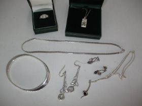 Two Pairs of Silver Ear Drops, Ring, 3 Necklaces and a Bangle
