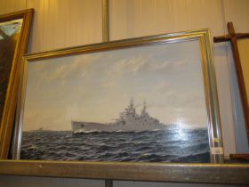 George R Cummings, Oil Painting on Board, HMS Vanguard, 45x75cm