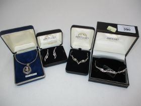 Shetland Silver Necklace, Earrings and Bracelet along with a Silver Bottle of North Sea Oil on a