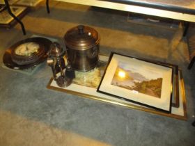 Coal Box and Companion Set, Brass Plaque, Barometer and Pictures