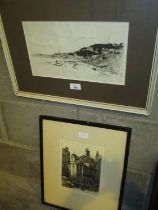 Two Etchings, Coastal Scene and Old Buildings